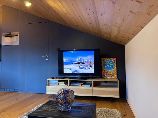 Télé raccordée. Il y a également des livres dans le meuble et des jeux de sociétés dans la malle